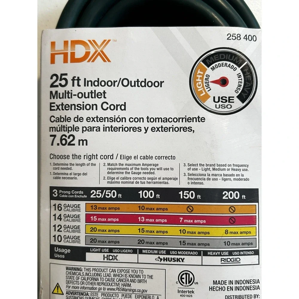 HDX 25FT Indoor/Outdoor Multi-Outlet Extension Cord 13 Amp, 125V, 16 Gauge